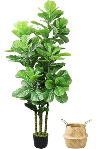 ROOMTEC Artificial Fiddle Leaf Fig Tree,6 FT Tall Artificial Tree with Woven Seagrass Plant Basket Fake Floor Plant in Pot for Home Decor Living Room Indoor Outdoor Office Bedroom Decor