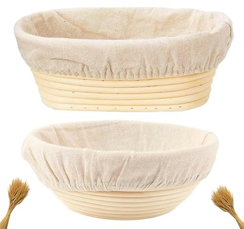 Proofing Baskets for Sourdough Bread Baking, 2 Pack Banneton Bread Proofing Basket 9 inch Round & 10 inch Oval Proofing Bowls for Sourdough Bread with Liner Making Baking Fermentation Tools Supplies