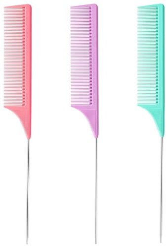 ‌3 Pack Professional Rat Tail Combs - Ultra-Fine Teeth for Curly Hair & Braids, Detangling & Styling with Metal Pick (Pink/Purple/Green) - Salon-Quality for Women & Men