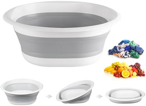 9L Collapsible Washing Up Bowl - Portable Hand Wash Basin, Folding Washing Up Basin, Retractable Food Storage Basin, Multipurpose Outdoor Water Basin for Kitchen, Travel, Camping, Hiking (Gray, L)