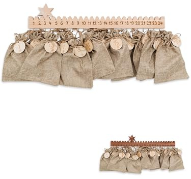 wunderwunsch® - Adventskalender zum selber befüllen - mit hochwertiger Gravur auf Holz - mit Haken, Jutesäckchen und Holzzahlen (helles Holz)