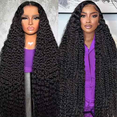 BJVT 13x6 Deep Wave Lace Front Wigs Human Hair Wigs for Women 200 Density HD Transparent Deep Curly Lace Frontal Wigs Human Hair Pre Plucked with Baby Hair Natural Color 30 Inch
