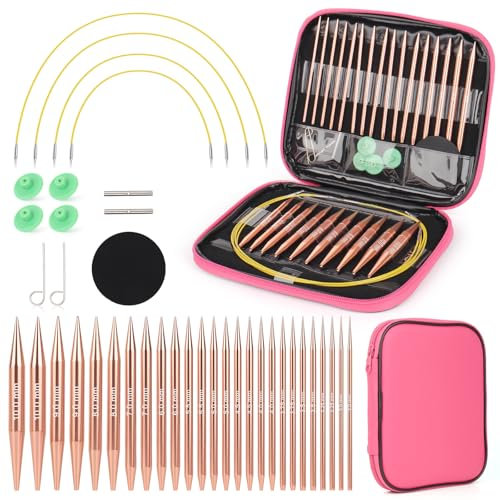 Coopay Auswechselbare Rundstricknadeln Set, 3,0-10 mm Stricknadeln Set Austauschbar, Stricknadeln Rundstricknadel mit Aufbewahrungstasche, 13 Paar Aluminium Austauschbare Rundstricknadeln, Roségold
