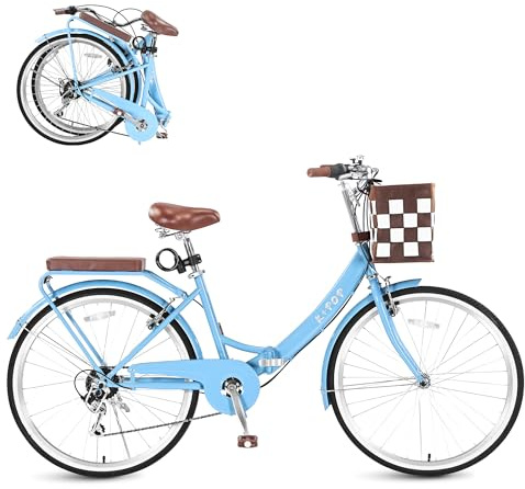 BGGFNZ Foldable Beach Cruiser Bike for Women, 24/26 Inch Folding Bikes for Women, 7 Speed Commute Bike with Basket Adult Womens Bicycles Folding Cruiser Bikes for Adults, City Commuting's Bicycle