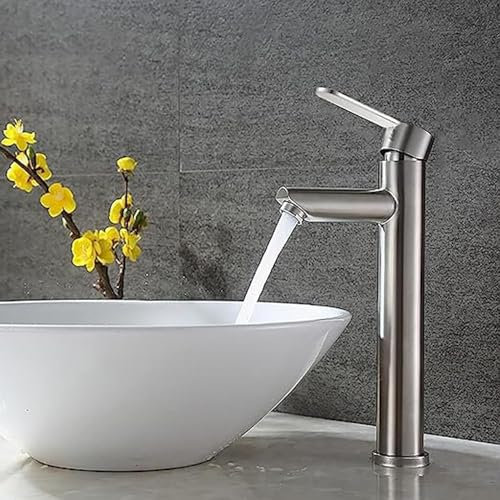 XWIHTR Rubinetti per lavabo e bagno caldi e freddi in acciaio inox, con risparmio idrico silenzioso e senza gocciolamento per bagno, lavabo, piccoli rubinetti da cucina (spazzolato - alto)