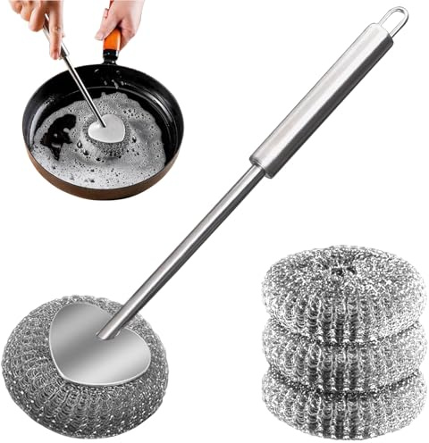 Topfreiniger mit Langem Griff aus Edelstahl, Langer Griff Reinigen von Geschirr rutschfeste Bürste, Schwämme für Geschirr, Pfannen, Töpfe （1 Spülbürste + 3 Stahlwolle）