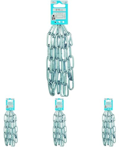 Dörner + Helmer Rundstahlkette, 5mm Dicke, 2m Länge, Verzinkter Stahl, Langgliedrig, 125kg Tragkraft, Silber (Packung mit 4)