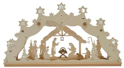 Erzwelt - Lichterbogen ELB – Motiv Weihnachtskrippe | 32 x 56 x 5 cm – Schwibbogen aus Holz – Leuchtbogen mit 7 Kerzen – Original Erzgebirge Fensterbogen – Weihnachtsdeko