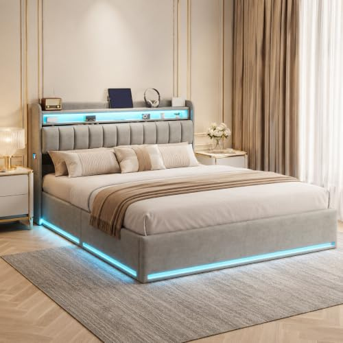 PerGar Polsterbett 140x200 mit Hydraulik, Stauraum, USB, LED - Grau, Samt | Bett 140x200cm mit Gaslift, Samtbezug. App RGB LED, USB Type-C, Kopfteil Regal. Beige oder Grau, 2 Groessen