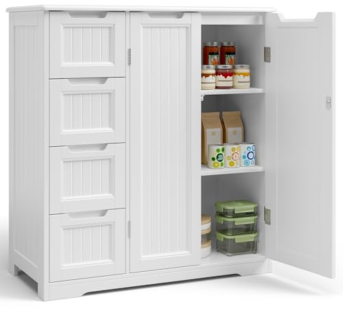 Gizoon Storage Cabinet, White Bathroom Storage Cabinet with 4 Drawers & Double Doors, Adjustable Shelf, Modern Floor Cabinet for Bathroom, Kitchen, Living Room, Entryway, White