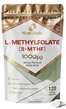 Folate (L-Methylfolate) 1000mcg | 120 Vegan Tablets | 5-MTHF (Vitamin B9) | 4 Months Supply | Active Methylated Form of Folic Acid | One-a-Day | Suitable for Pregnancy, Pure Formula | by NutriVolv