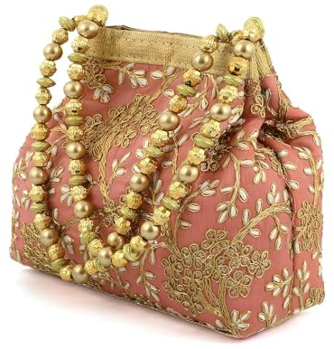 HAZDEAL Women's Embroidered Potli Batwa Pouch Bag – Polyester, Traditional Ethnic Clutch Purse | Traditional Batua Handbags (Peach)