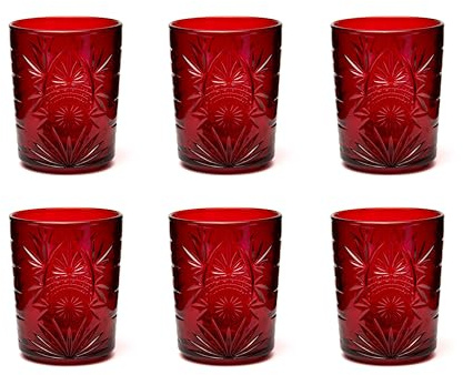Excelsa Color Tumbler Lot de 6 verres en verre décorés, multicolore, décor en relief, 350 ml, 8 x 10 cm (rouge foncé)