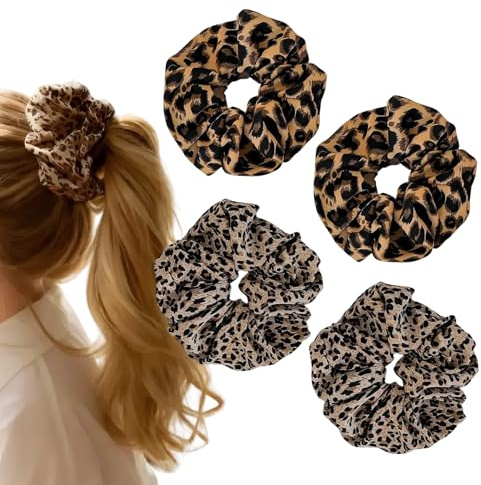 4er Pack Satin Haargummi Leopardenmuster Geschenke Scrunchies | für Damen Haargummi Elastische Haargummis für Dickes und Dünnes Haar Dunkle und Helle Haargummi mit Leopardenmuster