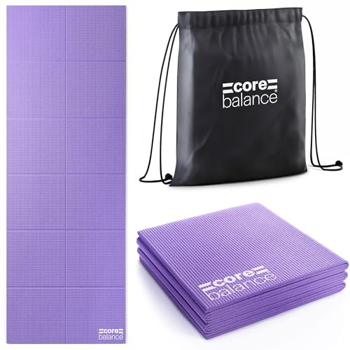 Core Balance Foldable Travel Yoga Mat, Non Slip PVC Foam with Textured Grip, 6mm Thick for Balance & Comfort, Lightweight, Compact & Portable, Exercise Mat with Drawstring Bag, 173cm × 61cm (Purple)