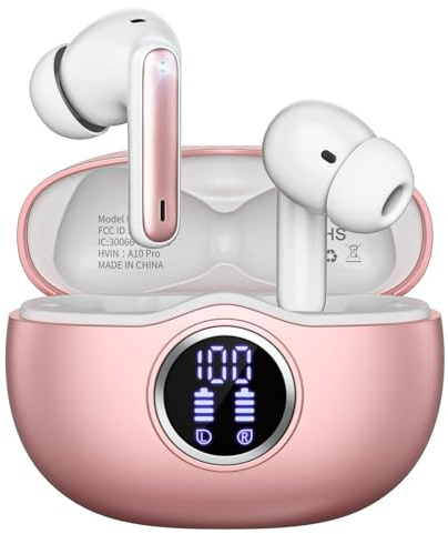 Sisism A10 Pro Wireless Earbuds Bluetooth 5.3 HiFi Stereo, 50H Playback LED Digital Display Earphones, ENC Noise Cancelling Mic, Ergonomic Sport Headphone Headset for Gym/Running/Work - Rose Gold