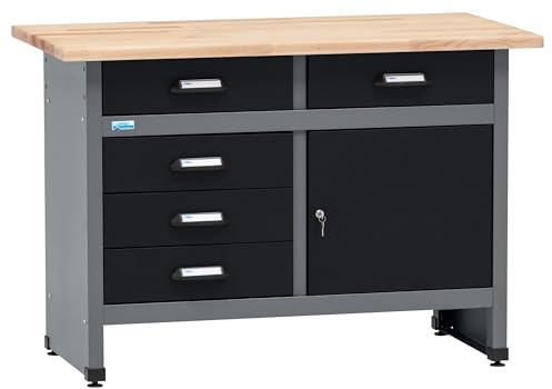 Küpper Werkstatt Werkbank mit 10 Werkzeugeinsätzen, 120x84x60cm, 5 Schubladen, 1 Tür, 300 kg Traglast, hochwertige Vollbuchenarbeitsplatte