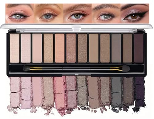 TESGADGETS Palette de fards à paupières avec 12 couleurs en tons froids, mat, scintillant et pailleté, set de maquillage pour les yeux gris-rose avec haute pigmentation inclus pinceau