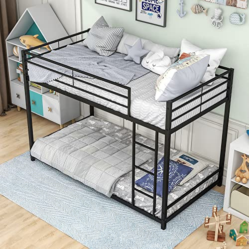 FOUBAM 3FT Single Over Single Bunk Beds, Single Loft Bed, Black | Metal Heavy Duty Single Size Bunk Beds, Single Bed Frmae for Adults,Loft Bed With Ladder and Guardrail