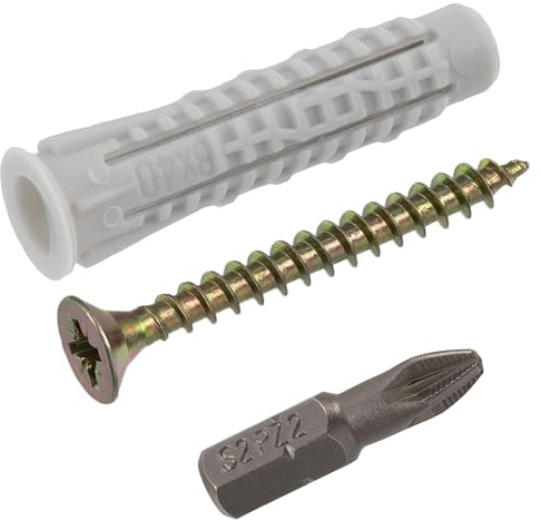 AERZETIX - Kit di 25 tasselli universali con collarino Ø8x40 mm in nylon + 25 viti per legno Ø4.5x40 mm + 1 punta di avvitamento PZ2 1/4