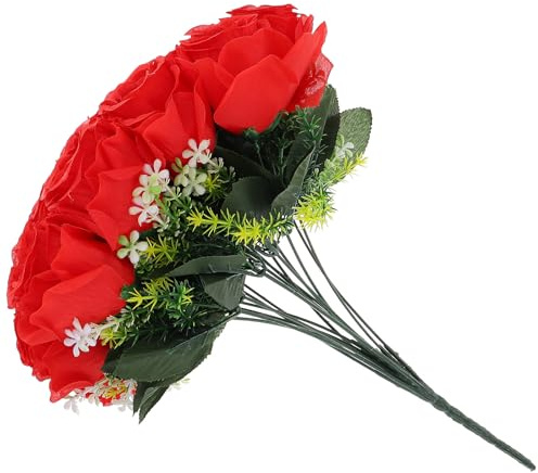 Cabilock Artificial Silk Roses Bouquet 18-Head Red Faux Flowers for Cemetery Memorial, Non-Fading Artificial Flowers for Grave Decoration and Funeral Ceremony