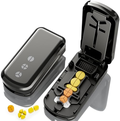 Pill Cutter Splitter for Small and Tiny Pills, 1/2 1/3 1/4 Pill Splitter for Small Pills,Vitamins, Tablets in Half or Quarters, Accurate and Easy Cutting, Stainless Steel Blade, Back Storage (Black)
