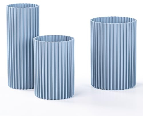 KONZEPT Vasen 3er Set Graublau – Moderne Blumenvase, Bruchsichere Kunststoff-Zylindervasen für Blumenarrangements, Hochzeits-Mittelstücke, Heimwerken (12,3x17,8/10,3x14,8/8,8x21,7 cm)