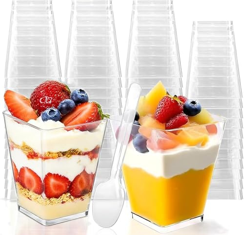 Sprifityy 50 Stück Desserttasse,Transparenten Quadratischer Dessertbecher | Aus 160ml mit 50 Stück Löffeln, leicht zu reinigen,Wiederverwendbar,für Mousse Kuchen,Eis,Zuhause Desserts, Puddin