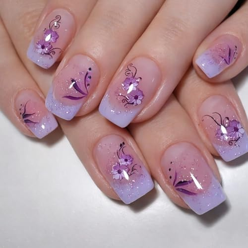 24PCS Short Square Purple Ombre Press On Nails - Glossy French Tip with Floral Glitter Design & Acrylic Full Cover for Office Wear, Weekend Brunch, Shopping Trips and Everyday Chic Style