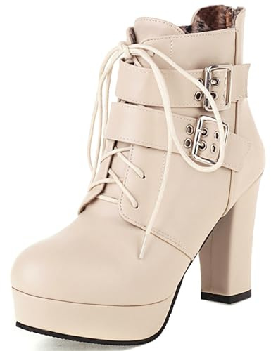 Asterisco Stivaletti Donna Plateau Con Cerniera Tacco Alto a Blocco Punta Rotonda Quotidiana Scarpe 250122 Beige Numero 37 Eu/38Cn