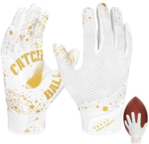 HANDLANDY HLDD American-Football-Handschuhe für Kinder und Jugendliche – Supergriffige Receiver-Handschuhe mit starkem Griff und hoher Strapazierfähigkeit (Weiß, S)