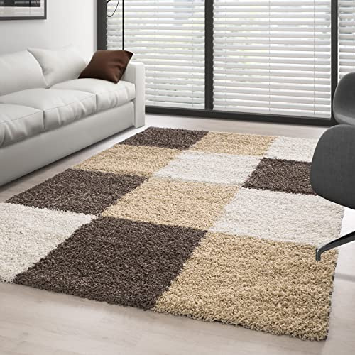 Carpettex Hochflor Teppich Wohnzimmer Shaggy Flokati Teppich Modern Kariert Design Kleiner 60 x 110 cm Flur Teppich Läufer Mokka - Teppich Schlafzimmer Weich Flauschig Waschbar Küchenläufer