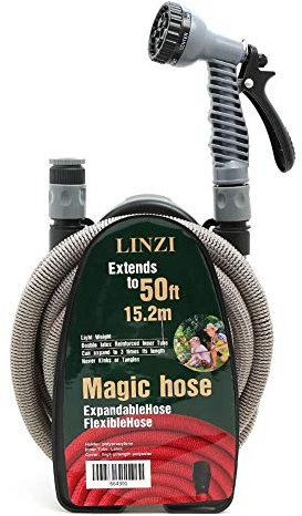 LINZI Expandable Garden Water Hose 15M 50FT Magic Hose Double Latex Inner Hose Flexible No Kink + Plastic Connectors + 7 Function Spray Gun + Hose Holder
