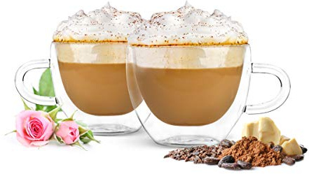 Sendez 4 dubbelväggiga cappuccinokoppar med handtag 290 ml kaffeglas teglas termoglas glas