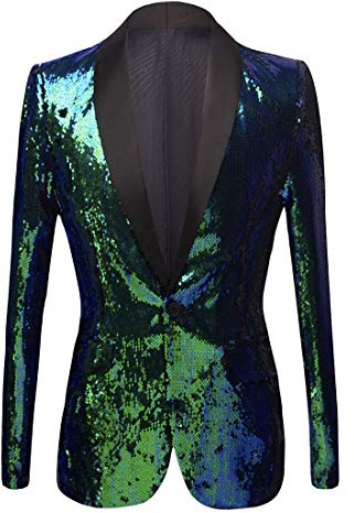 PYJTRL Men Stylish Two Color Conversion Shiny Sequins Blazer Suit Jacket (Green, XS)