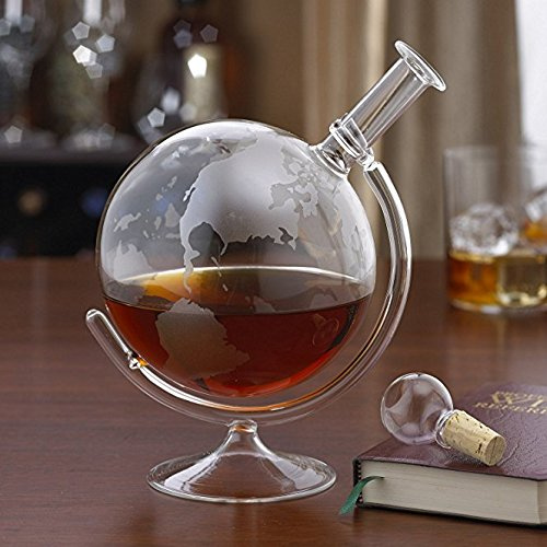 Homezone® Whisky-Karaffe auf Wiege mit Weltkarte aus Glas, mundgeblasenes geätztes Glas, Geschenkidee zum Vatertag