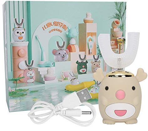 Kind Elektrische Zahnbürste, U Form Zahnbürstenkopf Kabelloses Laden Schall Zahnbürste, Wasserdicht Reinigungs Automatische Zahnbürste mit 4 Reinigungs Modi(6-14 Jahre-Beige)