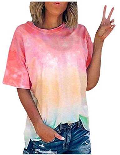 Batik Shirt Für Frauen, Damen Tshirt Sommer Kurzarm Rundhals Shirts Oberteile Casual Lose Bluse Bunt T-Shirt Oberteil Lässig Fit Mode Tunika, S - 5XL