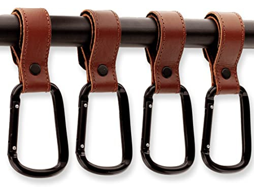Brute Strength – Kinderwagenhaken mit Klettverschluss – Cognac – 4 Stück | Kinderwagenhaken aus Stahl mit Lederriemen und Klettverschluss; für Wickeltasche, Rucksack, Fahrrad und Einkaufswagen