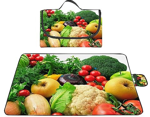 Picknickdecke 200x300cm,XXL Picknickdecke mit Wasserdichter Unterseite,Outdoor Stranddecke Sandfrei,mit Tragegriff Faltbare Picnic Blanket für Camping,Strand,Familie,Konzerte Grünes Gemüse Früchte