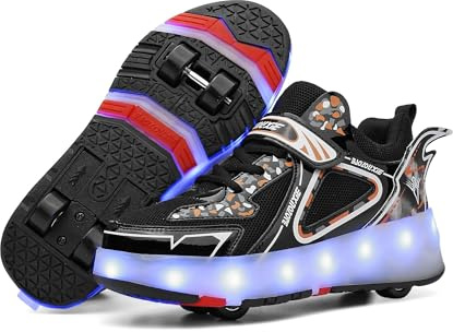 HUSKSWARE Rollschuhe Schuhe Jungen Mädchen Mit 4 Rollen Skateboardschuhe, verstellbar Jugend Schuhe mit Rollen, Schwarz 32 EU