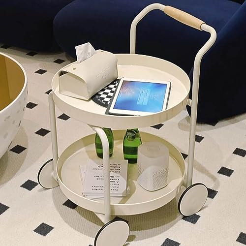 2-lagiger Barwagen für Wohnzimmer, beweglicher runder Kleiner Couchtisch, runder Beistelltisch/Nachttisch, Aufbewahrungstisch, Sofa-Beistelltisch für Wohnzimmer, Terrasse, Schlafzimmer, Badezimmer