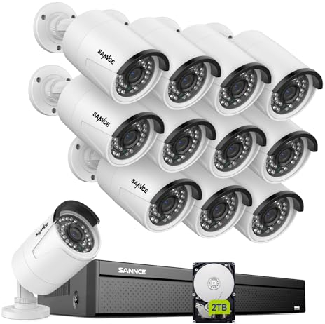 SANNCE Set di telecamere di sorveglianza PoE da 8 MP, per esterni, 12 X 3 MP, PoE IP Bullet Camera di sorveglianza esterna e NVR 16 CH con disco rigido da 2 TB per videosorveglianza 24/7,