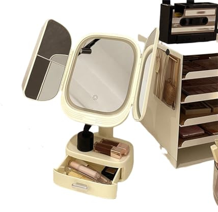 HBNOM Lighted Vanity Mirror Table Top, Integrated Cosmetic Storage Box with Light Filled Mirror, Multi-Magnifier Design and Intelligent Touch Control, Led Cosmetic Mirror