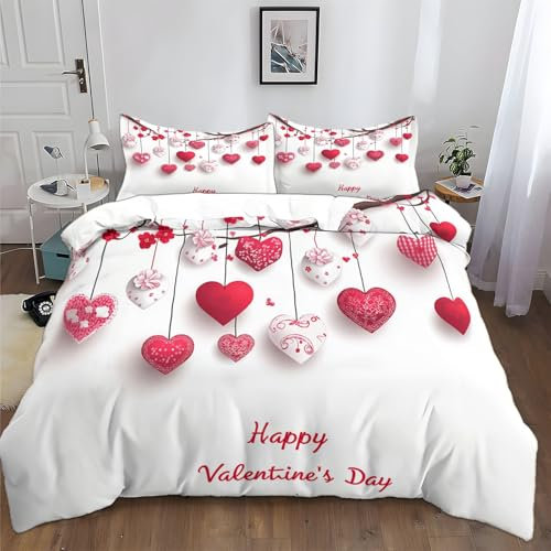Generico Set Copripiumino 260x240 cm Cuore Tema Di San Valentino Copripiumone Policotone Morbido e Resistente Alle Rughe, Copripiumino con Cerniera Stampa 3D, Inclusa 2 Federa 50x80 cm