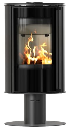 KRATKI Kaminofen aus Stahl Holzofen ERIK 5,5kW Panorama Ø150 BImSchV 2 | Freistehend aus Stahl, schwarz, 80,5% Wirkungsgrad, raumluftunabhängig, Ecodesign, EEK A, Flamme Verte 7, Glasfront