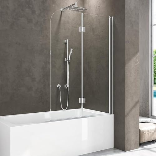 Duschwand für Badewanne 100x140cm Faltbar Duschabtrennung, 2-teilig Badewannenaufsatz Faltwand aus 6mm NANO Easy-clean ESG-Sicherheitsglas, Duschtrennwand Faltbare 180° Badewannenfaltwand in Chrom Alu