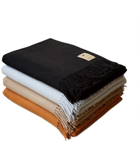 TILLHÅLL Herbst Wolldecke aus 100% Reiner Bio-Lammwolle | leicht & weich | Made in Germany | 130x190 cm | unifarben – Schwarz