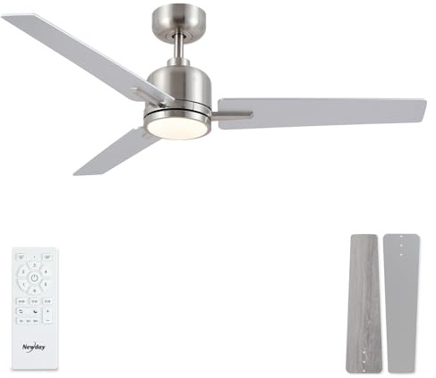 Newday Deckenventilatoren Holz Silber, 122cm Deckenventilator mit Beleuchtung Dimmbar und Fernbedienung, Ventilator Decke Leise mit DC-Motor Reversibel für Schlafzimmer Wohnzimmer Terrasse Küche