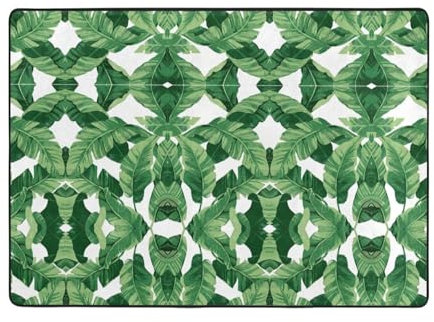 SamLng Alfombra con estampado de hojas de palma verde de 80 x 58 pulgadas, alfombra de área para sala de estar, oficina, mesa de café, balcón, decoración moderna del hogar